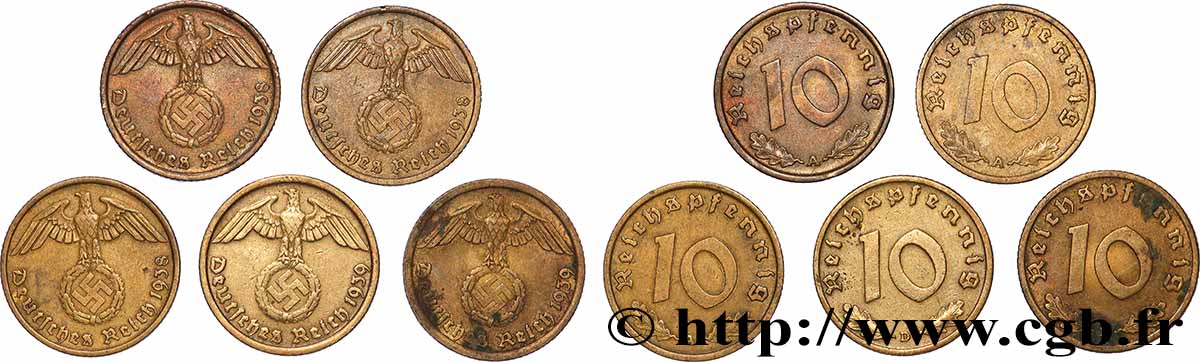 GERMANY Lot 5 x 10 Reichspfennig aigle surmontant une swastika Années diverses Atelier Divers lot 