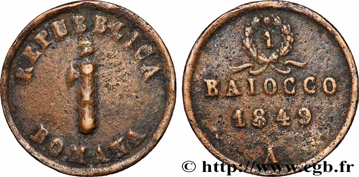 ITALIE - RÉPUBLIQUE ROMAINE 1 Baiocco République Romaine faisceaux 1849 Ancône TB 