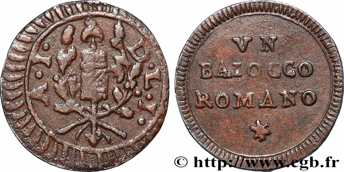 ITALIE - RÉPUBLIQUE ROMAINE 1 Baiocco (type hybride) N.D. (1798-1799) Macerata TTB+ 