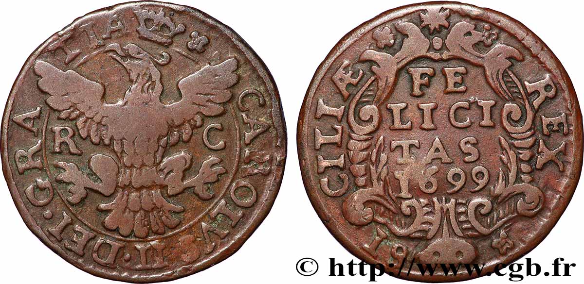 ITALIE - ROYAUME DE SICILE - CHARLES II D&nbsp;ESPAGNE 1 Grano Charles II 1699  TB+ 