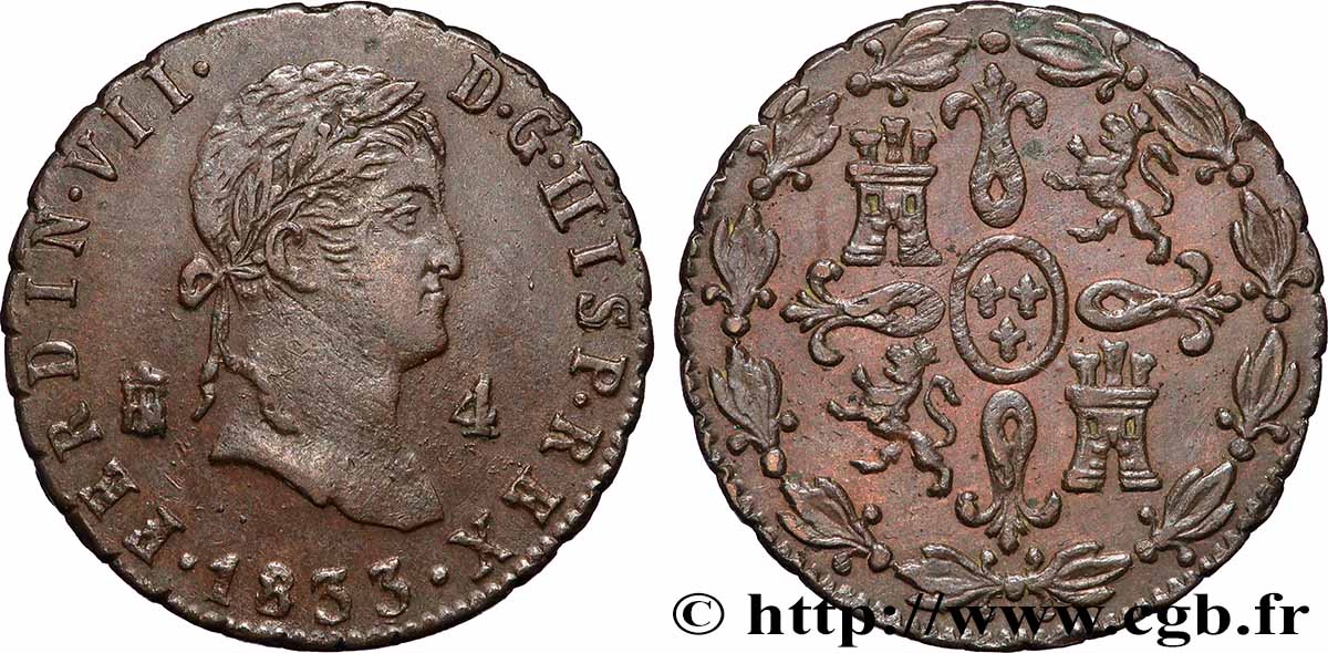 ESPAGNE 4 Maravedis Ferdinand VII 1833 Ségovie SUP 