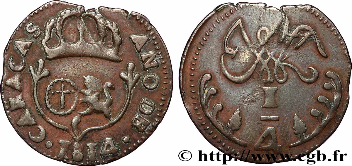VENEZUELA 1/4 Real Province de Caracas 1814 Caracas TB 