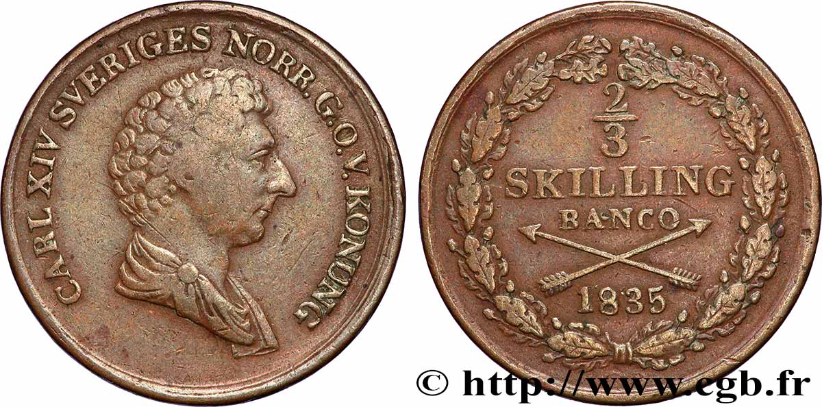 SUÈDE 2/3 Skilling banco Charles XIV 1835  TB+ 