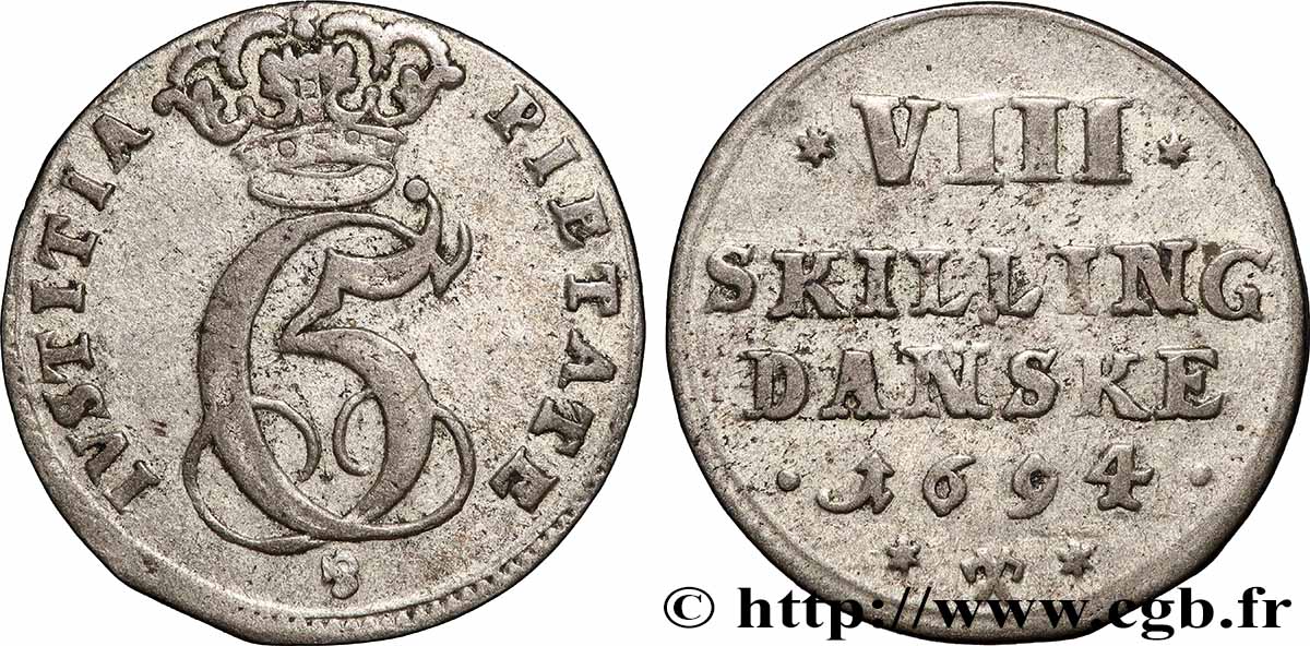 DANEMARK - ROYAUME DU DANEMARK - CHRISTIAN V 8 Skilling 1694 Glückstadt TTB 