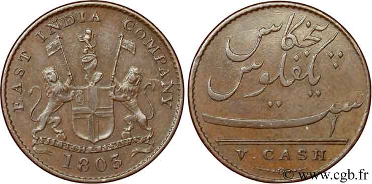 INDIA 5 Cash Madras East India Company 1803  AU 