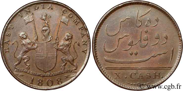 INDIA 10 Cash Madras East India Company, type à 4,66 g 1808  AU 