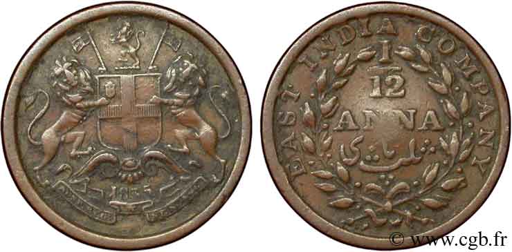 BRITISH INDIA 1/12 Anna East India Company 1835 Madras XF 