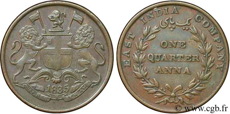 INDIA BRITANNICA 1/4 Anna East India Company 1835 Calcutta BB 