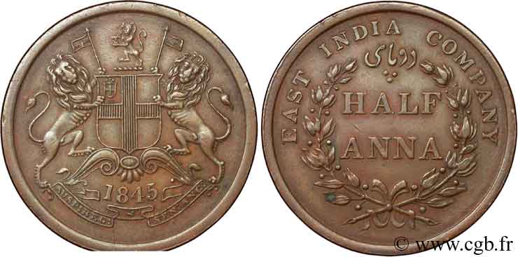INDIA
 1/2 Anna East India Company 1845 Madras EBC 