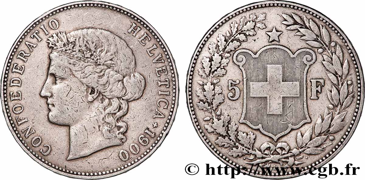 SUISSE 5 Francs Helvetia 1900 Berne TTB 