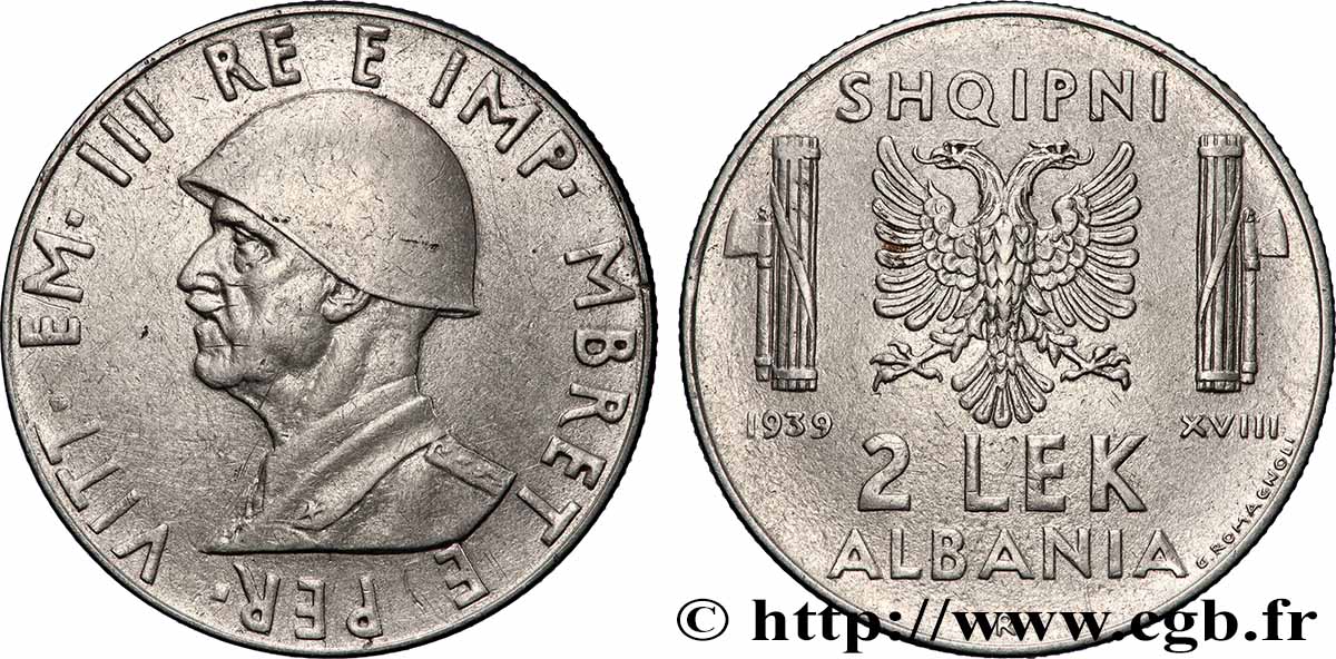 ALBANIE 2 Lek Victor-Emmanuel III d’Italie 1939 Rome TTB 