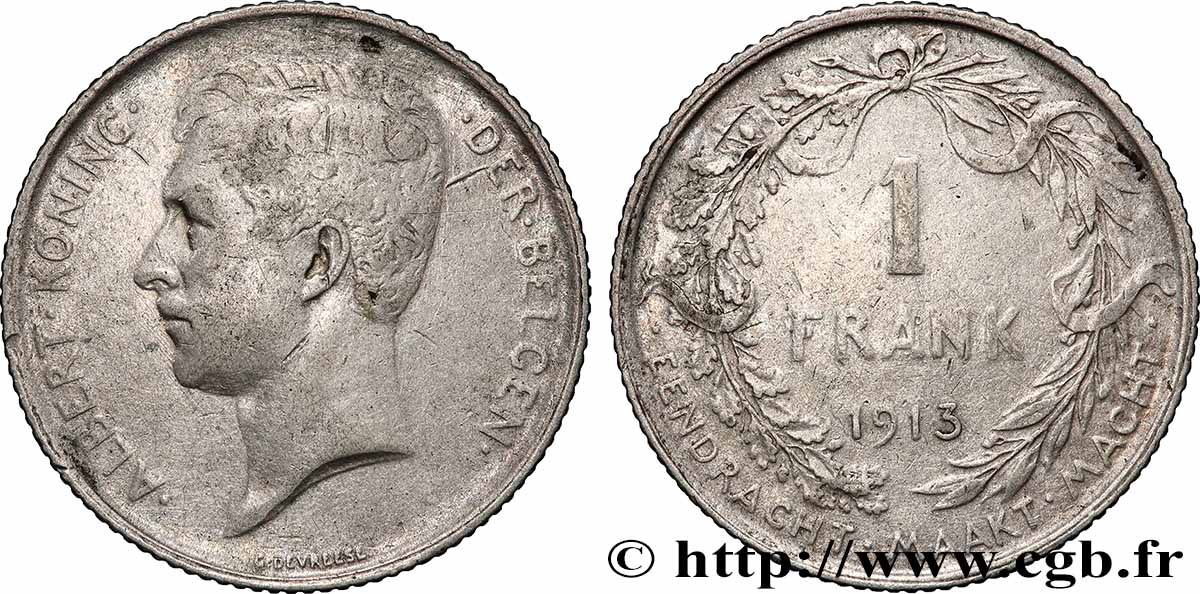 BELGIEN 1 Frank (Franc) Albert Ier légende flamande 1913 Bruxelles fSS 