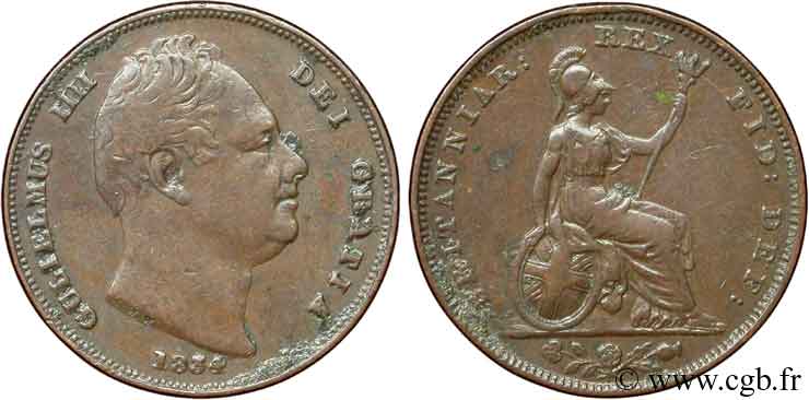 ROYAUME-UNI 1 Farthing Guillaume IV / Albion 1834  TTB 
