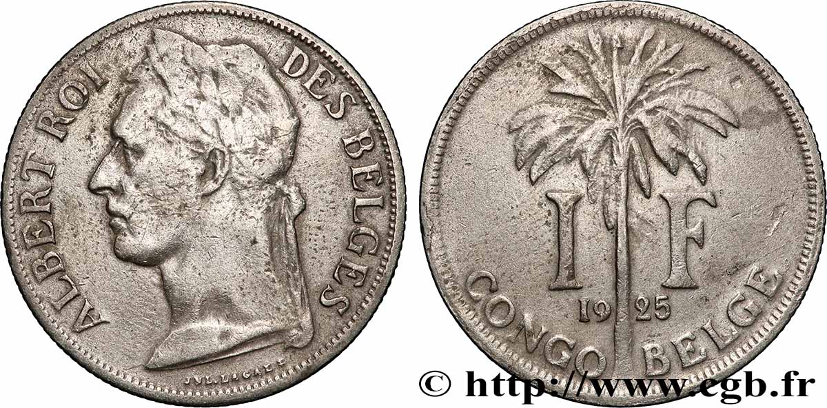 CONGO BELGE 1 Franc roi Albert légende française 1925 Bruxelles TB+ 