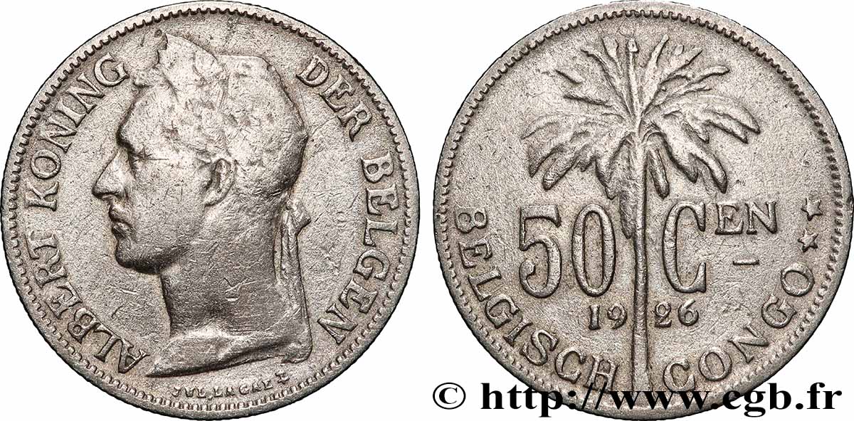 BELGISCH-KONGO 50 Centiemen (Centimes) roi Albert légende flamande 1926 Bruxelles S 