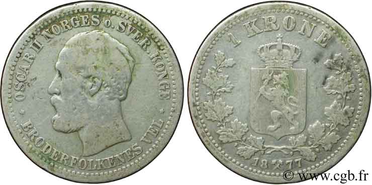 NORVEGIA 1 Krone Oscar II / emblème 1877  MB 