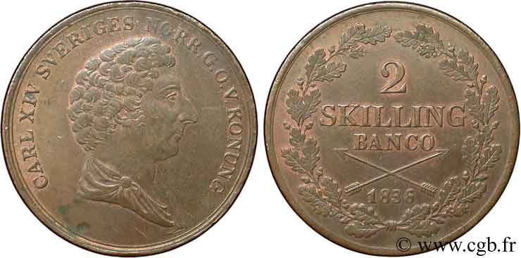 SWEDEN 2 Skilling Charles XIV 1836  MS 