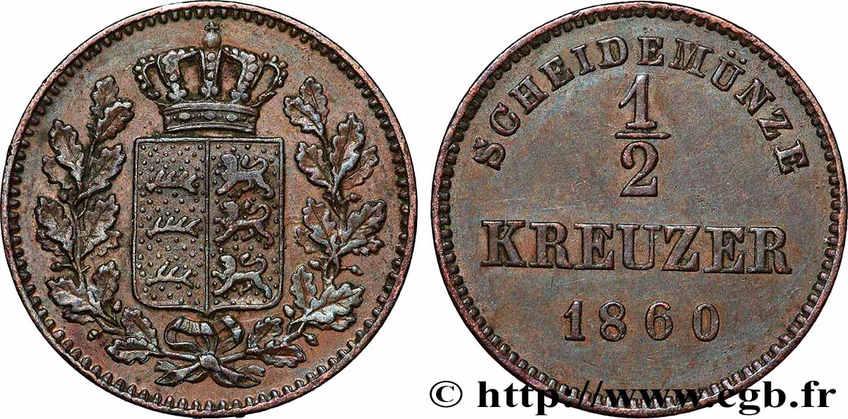 DEUTSCHLAND - WÜRTTEMBERG 1/2 Kreuzer Royaume du Würtemberg 1860 Stuttgart VZ 