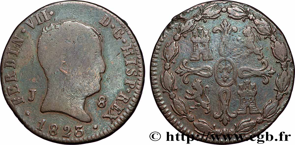ESPAGNE 8 Maravedis Ferdinand VII (3e portrait) 1823 Jubia TB 