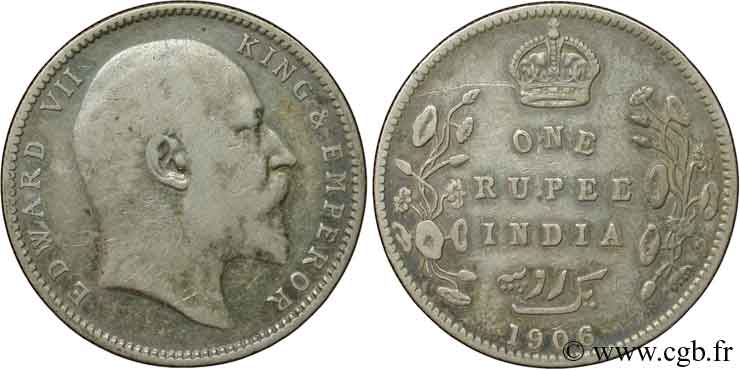 BRITISH INDIA 1 Roupie Edouard VII 1906  VF 