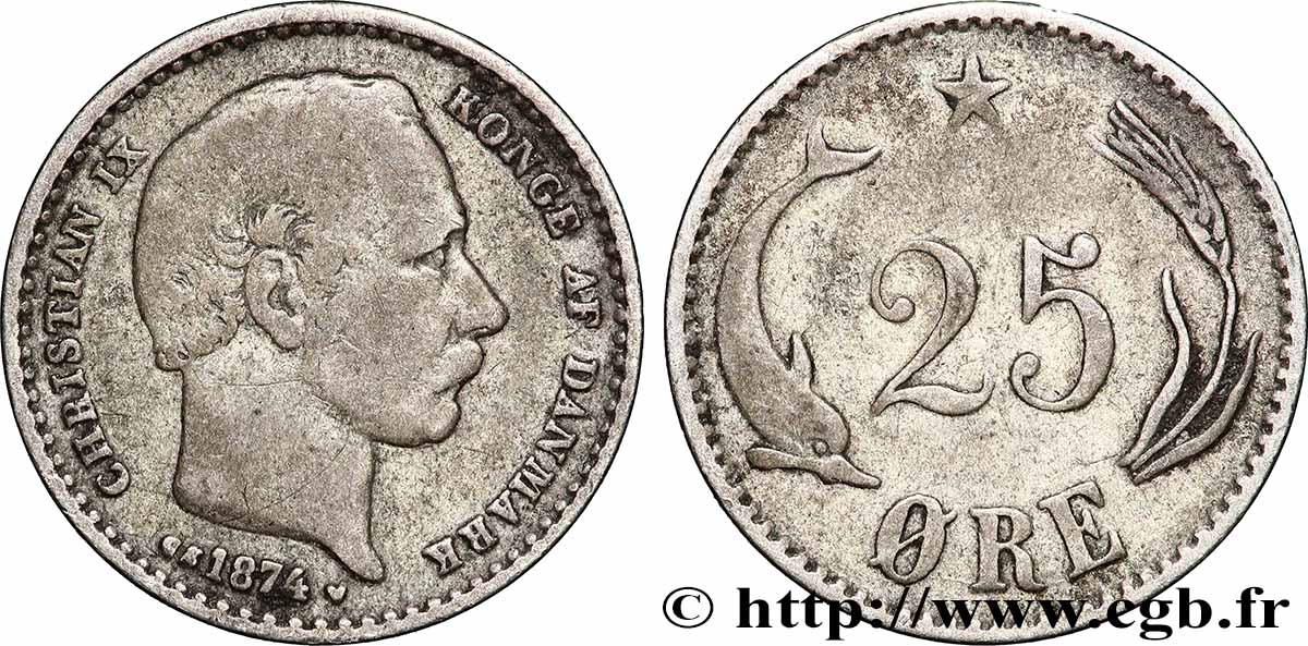 DÄNEMARK - KÖNIGREICH DÄNEMARK - CHRISTIAN IX 25 Ore 1874 Copenhague fSS 