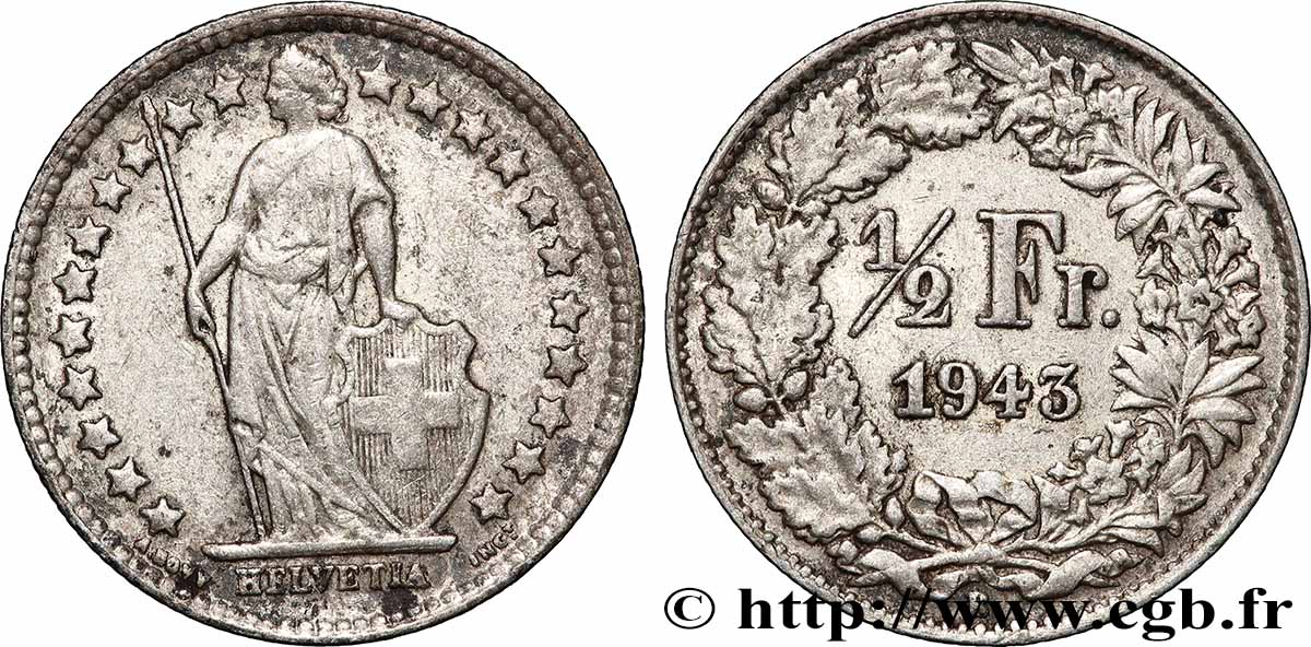SCHWEIZ 1/2 Franc Helvetia 1943 Berne - B SS 