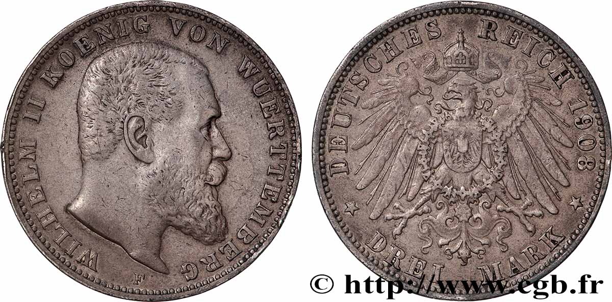ALLEMAGNE - WURTEMBERG 3 Mark Guillaume 1908 Stuttgart TTB 