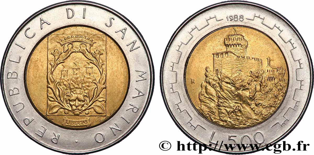 SAINT-MARIN 500 Lire Fortifications 1988 Rome SUP 