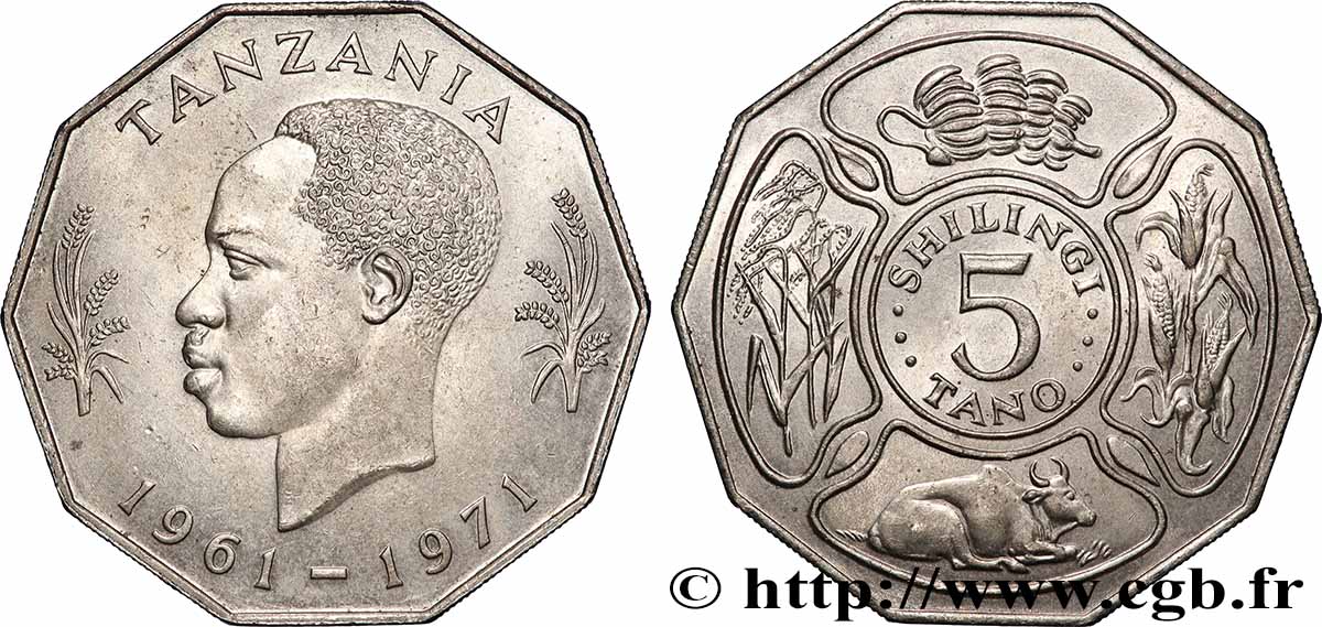 TANSANIA 5 Shilingi 10 ème anniversaire de l&nbsp;indépendance 1971 Royal Mint fST 