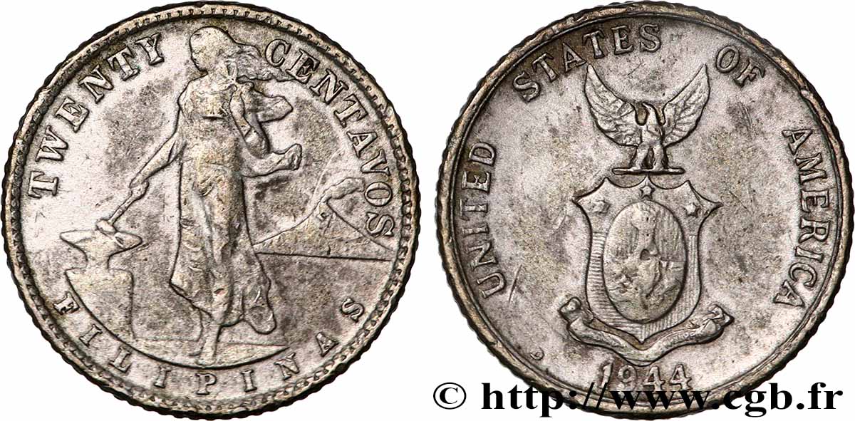 PHILIPPINES 20 Centavos - Administration Américaine 1944 Denver TTB 