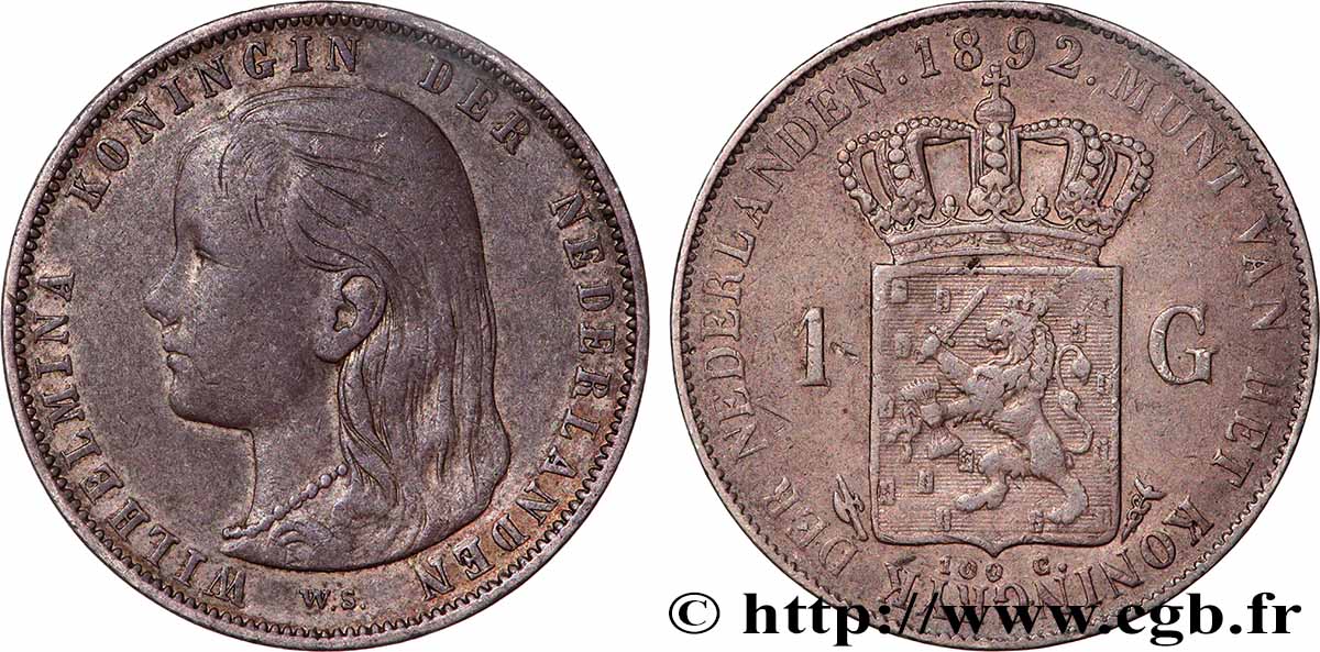 PAYS-BAS 1 Gulden Wilhelmina 1892 Utrecht TTB 