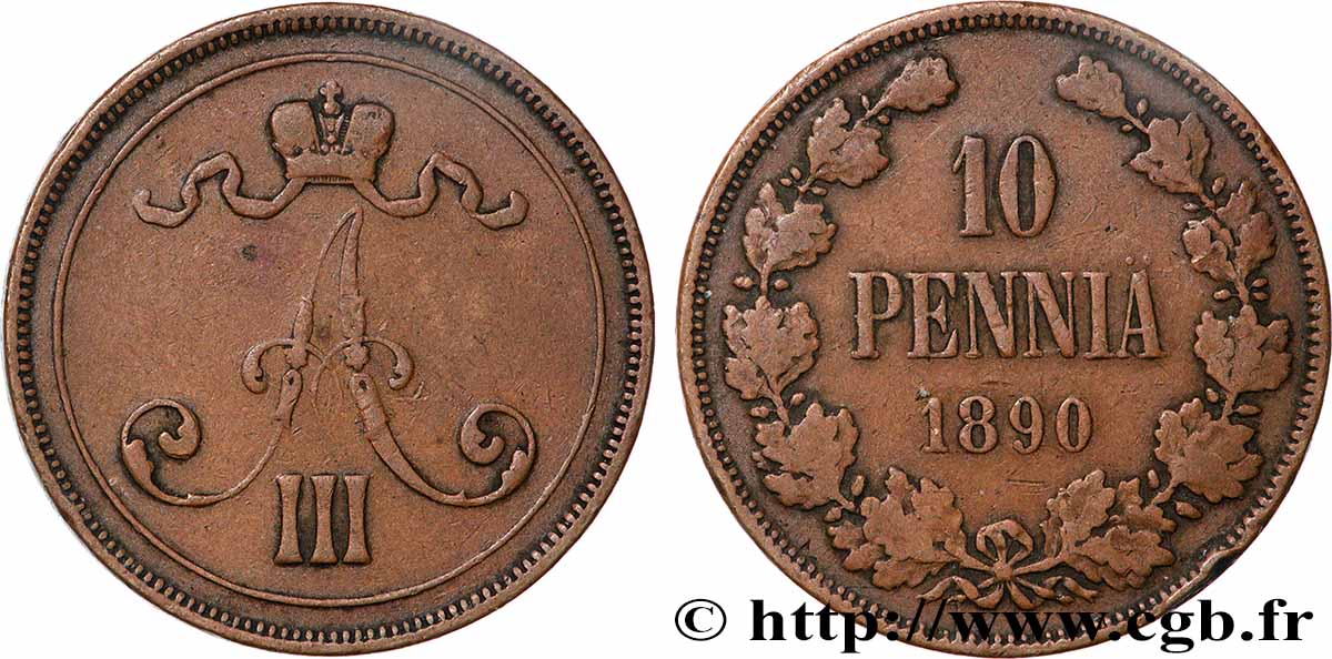 FINLAND 10 Pennia monogramme Tsar Alexandre III 1890  XF 