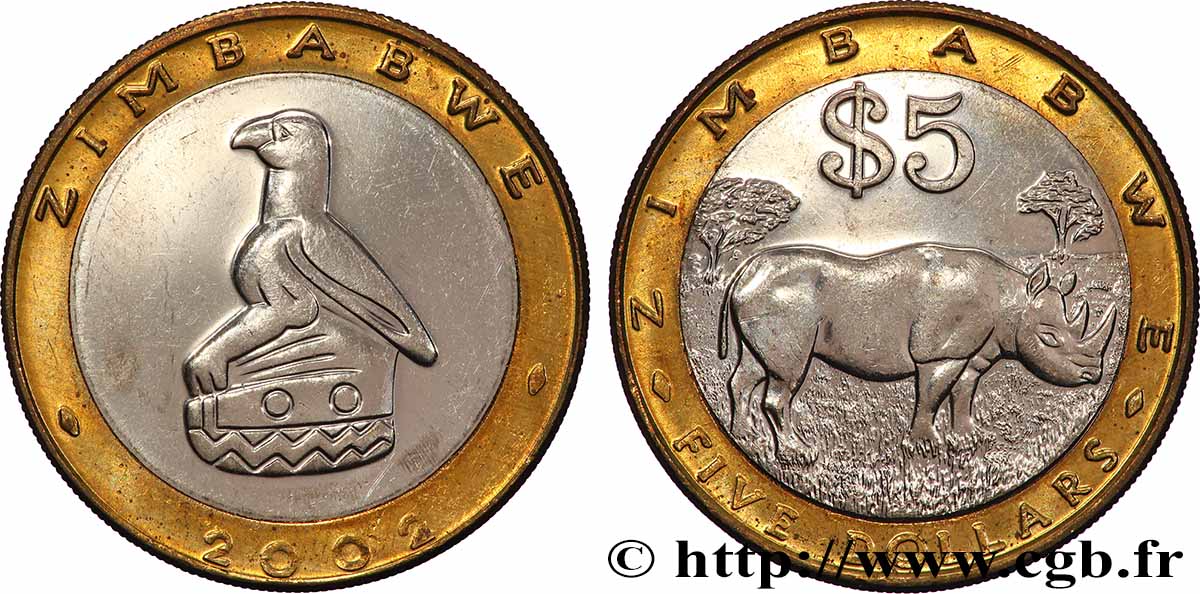 SIMBABWE 5 Dollars emblème à l’aigle / Rhinocéros 2002  fST 