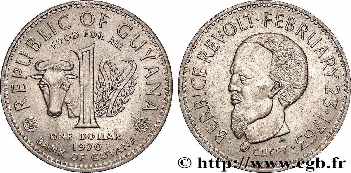 GUYANA 1 Dollar portrait de l’esclave Cuffy, chef de la révolte de Berbice en 1763 1970  VZ 