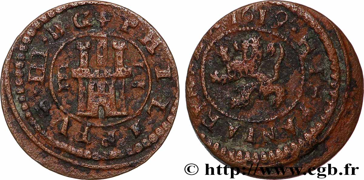 SPAIN - KINGDOM OF SPAIN - PHILIP III 2 Maravedis 1619 Ségovie XF 