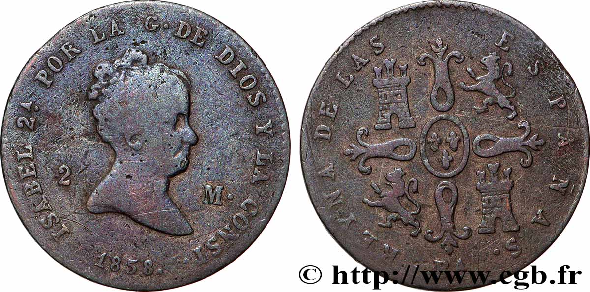 ESPAGNE 2 Maravedis Isabelle II 1858 Ségovie TB 