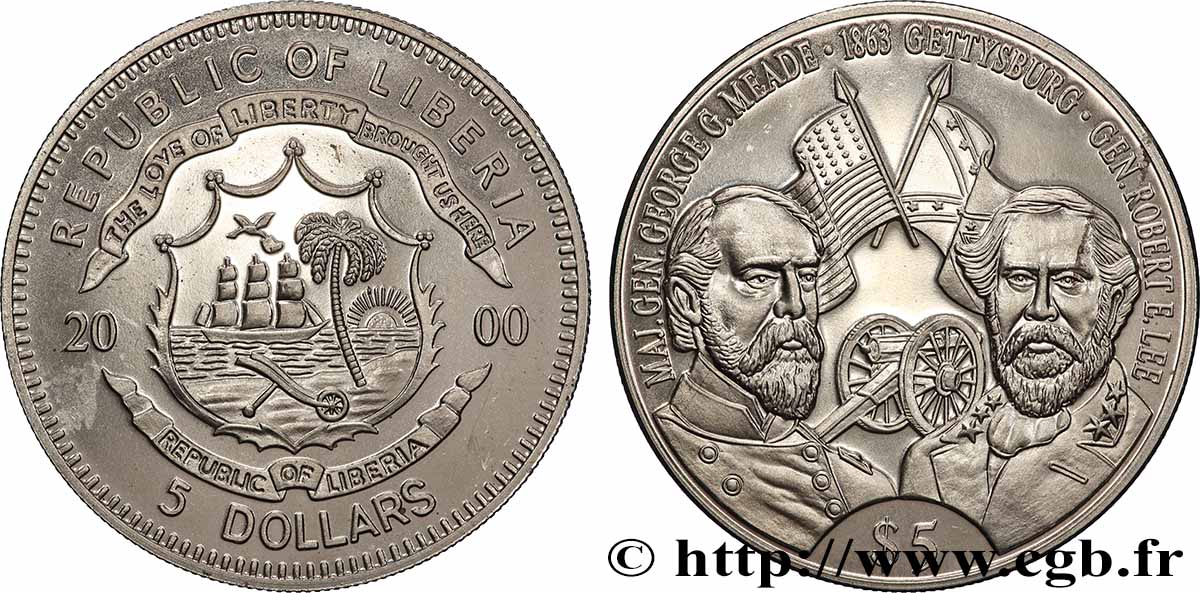 LIBERIA 5 Dollars Proof Bataille de Gettysburg 2000  MS 