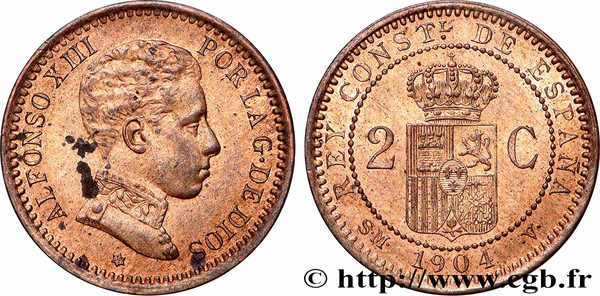 ESPAGNE 2 Centimos Alphonse XIII 1904 Madrid SUP 