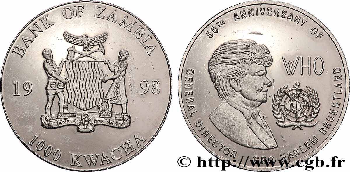 SAMBIA 1000 Kwacha Proof 50e anniversaire de l’OMS 1998  VZ 