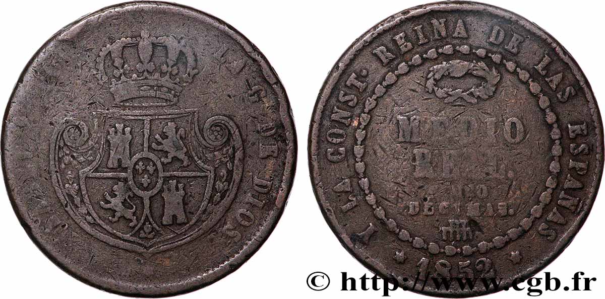 SPAIN 1/2 Real (Cinco Decima de Real) Isabelle II  1852 Ségovie VF 