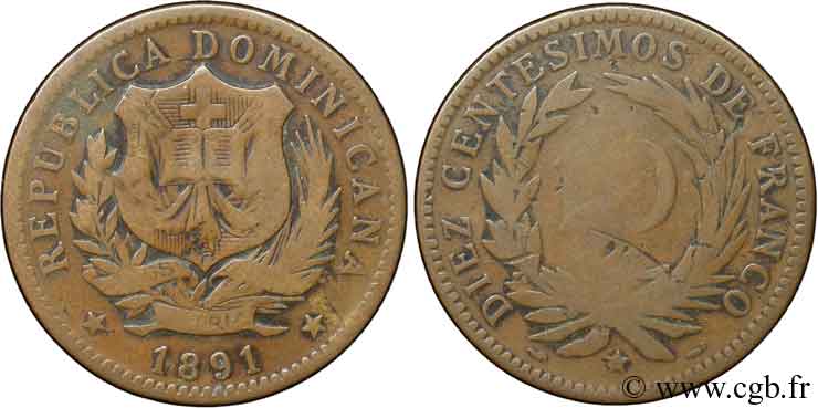 DOMINICAN REPUBLIC 10 Centesimos 1891 Paris VF 