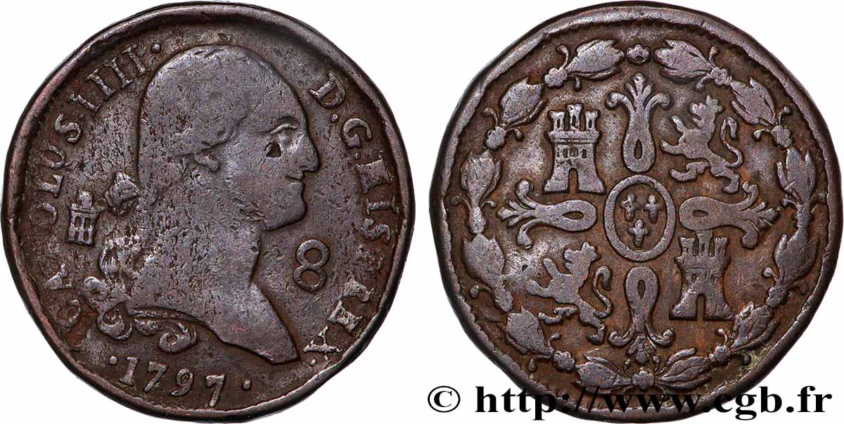 SPAIN 8 Maravedis Charles IV 1797 Ségovie VF 
