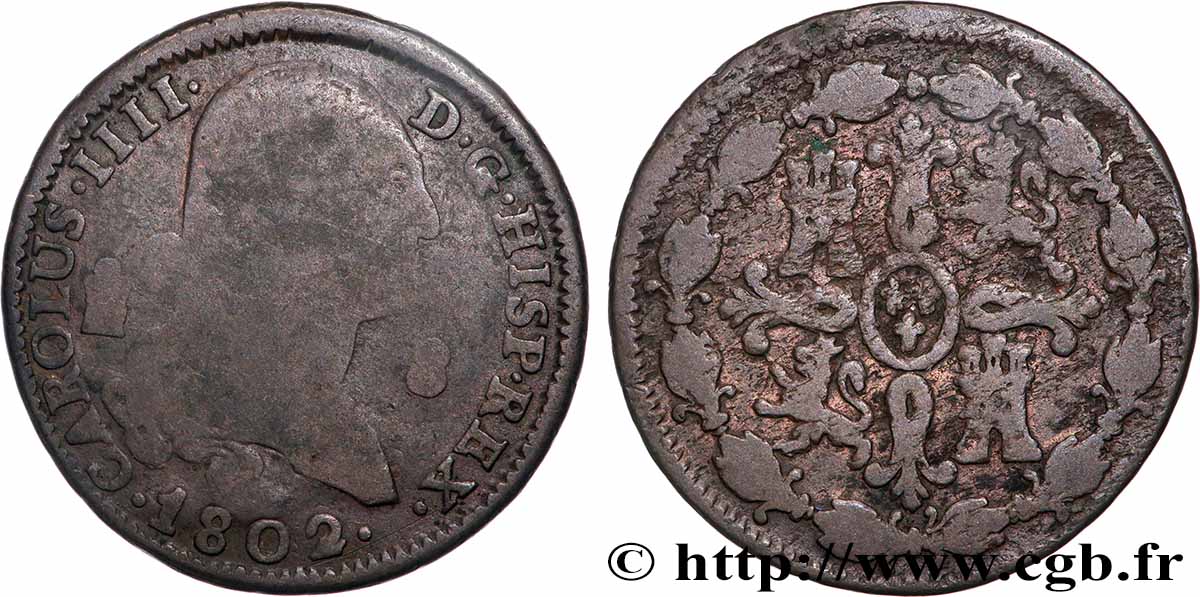 ESPAGNE 8 Maravedis Charles IV 1802 Ségovie B+/TB 