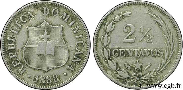 DOMINICAN REPUBLIC 2 1/2 Centavos 1888 Paris XF 