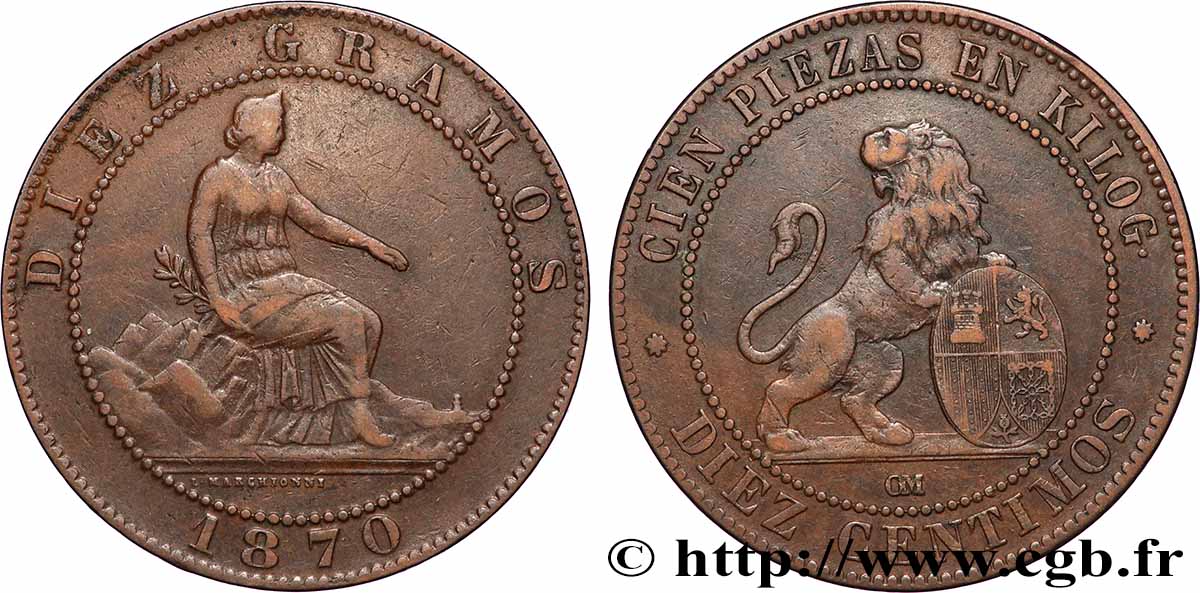 ESPAGNE 10 Centimos monnayage provisoire “ESPAÑA” assise / lion au bouclier 1870 Oeschger Mesdach & CO TTB 