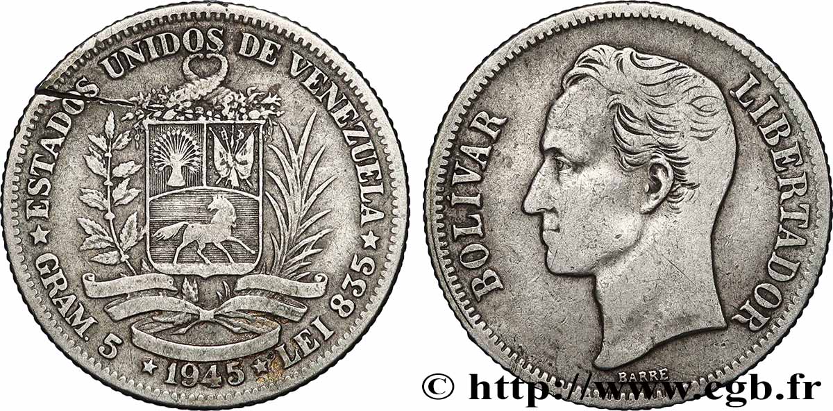 VENEZUELA 1 Bolivar 1945 Philadelphie MBC 