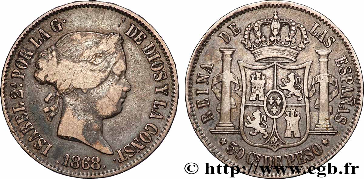 PHILIPPINES 50 Centimos de Peso Isabelle II 1868 Manille XF 