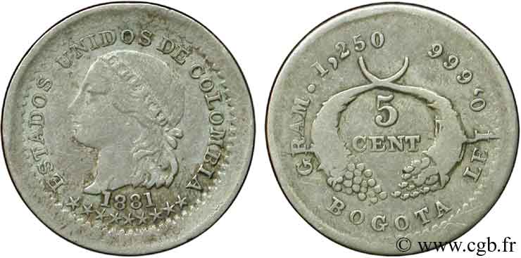 COLOMBIA 5 Centavos tête de la Liberté 1881 Bogota XF 