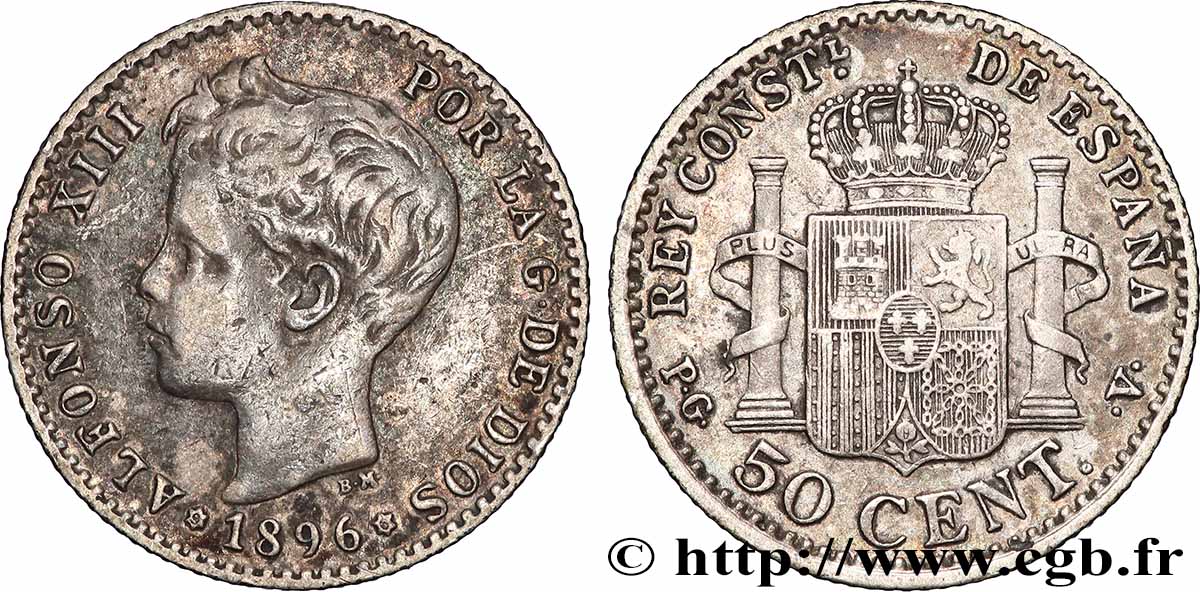 ESPAGNE 50 Centimos Alphonse XIII 3e type 1896 Madrid TTB 