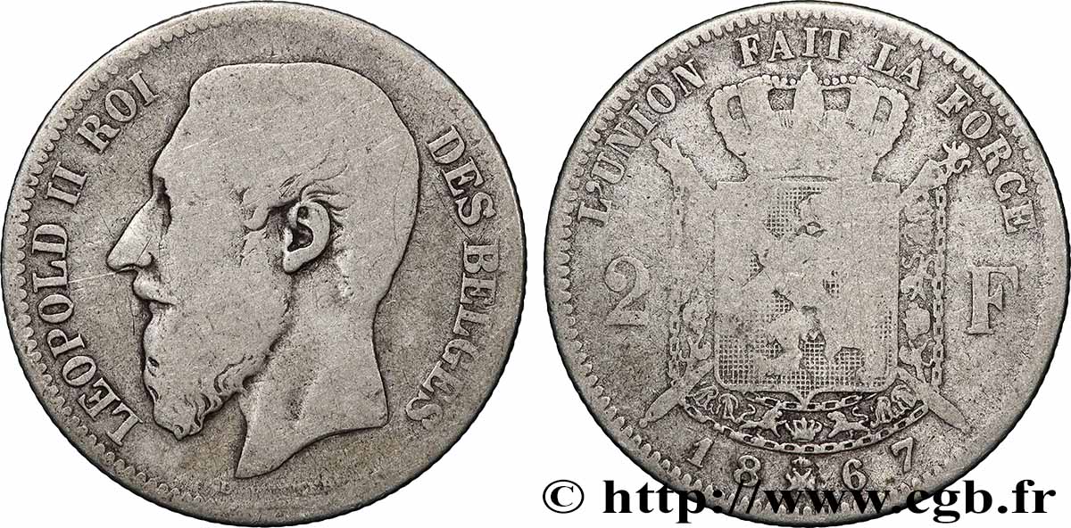 BÉLGICA 2 Francs Léopold II légende française 1867 Bruxelles BC 